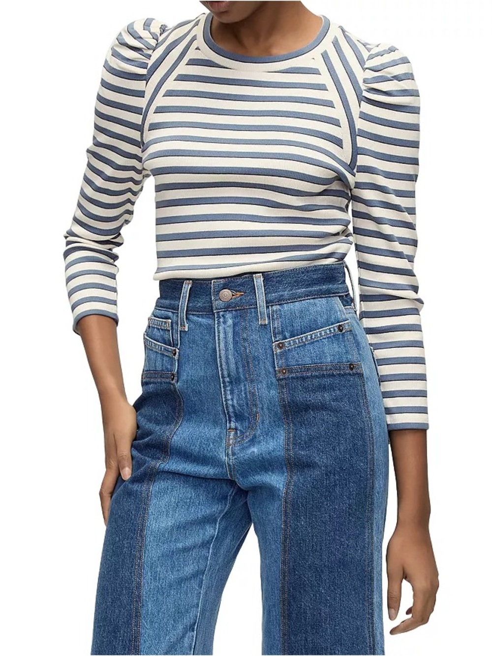Veronica Beard Delano Puff Sleeve Top Size XL Blue White Stripe - Picture 2 of 8